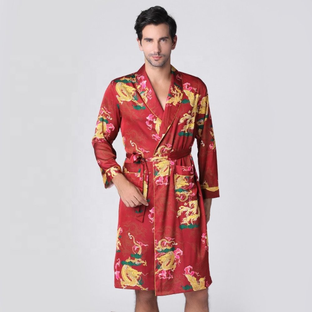 Mens Satin Silky Long Sleeve Bathrobe Loungewear